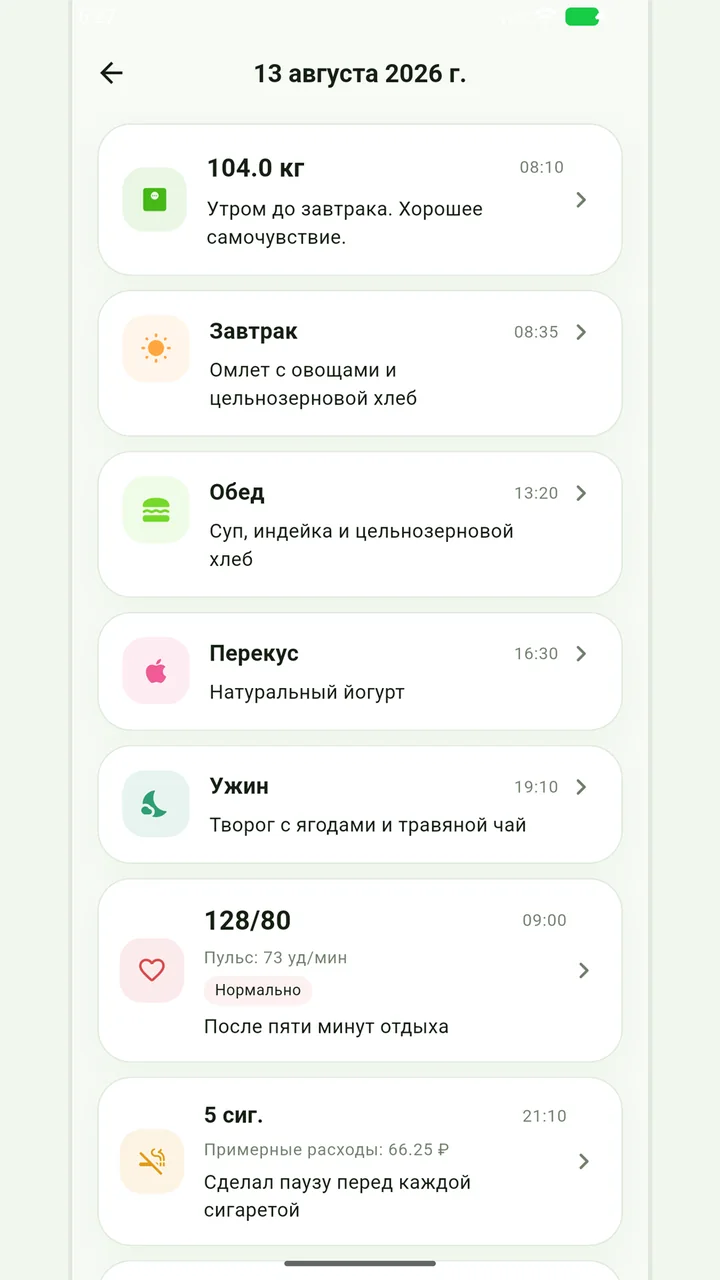 Записи выбранного дня в Весометре