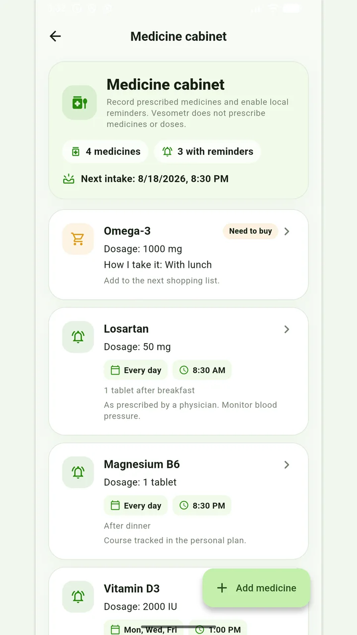 Your medicine list in Vesometr